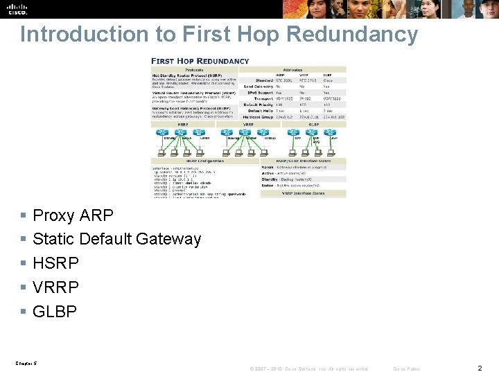 Introduction to First Hop Redundancy § § § Proxy ARP Static Default Gateway HSRP