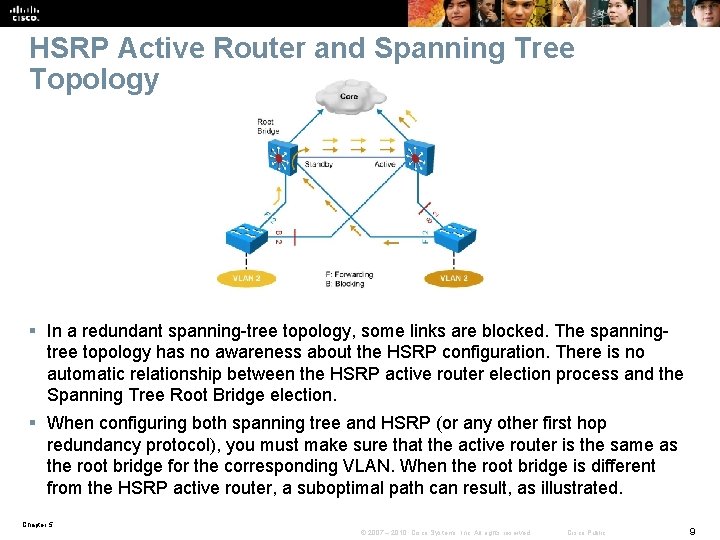 HSRP Active Router and Spanning Tree Topology § In a redundant spanning-tree topology, some
