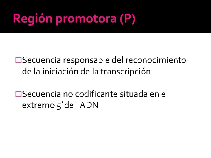 Región promotora (P) �Secuencia responsable del reconocimiento de la iniciación de la transcripción �Secuencia Región promotora (P) �Secuencia responsable del reconocimiento de la iniciación de la transcripción �Secuencia