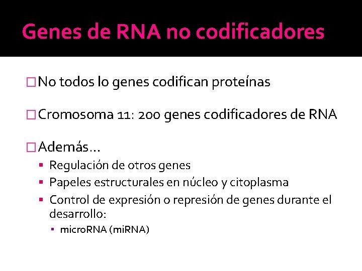 Genes de RNA no codificadores �No todos lo genes codifican proteínas �Cromosoma 11: 200 Genes de RNA no codificadores �No todos lo genes codifican proteínas �Cromosoma 11: 200