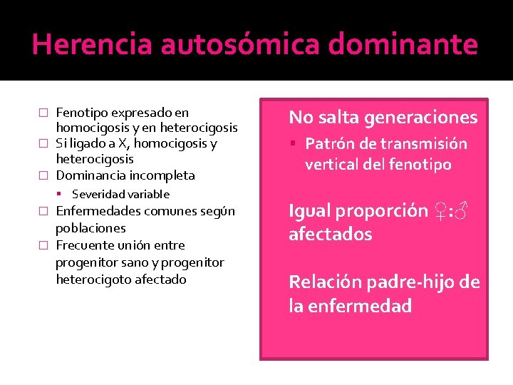 Herencia autosómica dominante Fenotipo expresado en homocigosis y en heterocigosis � Si ligado a Herencia autosómica dominante Fenotipo expresado en homocigosis y en heterocigosis � Si ligado a