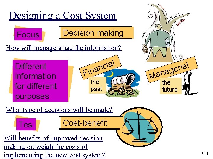 Designing a Cost System Focus Decision making How will managers use the information? Different
