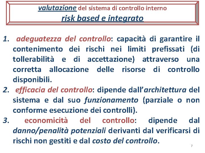 valutazione del sistema di controllo interno risk based e integrato 1. adeguatezza del controllo: