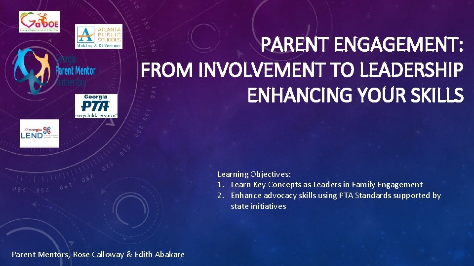 PARENT ENGAGEMENT: FROM INVOLVEMENT TO LEADERSHIP ENHANCING YOUR SKILLS Learning Objectives: 1. Learn Key