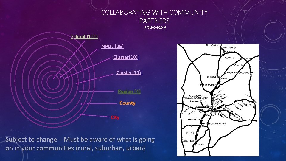 COLLABORATING WITH COMMUNITY PARTNERS STANDARD 6 School (100) NPUs (25) Cluster(10)) Region (4) County