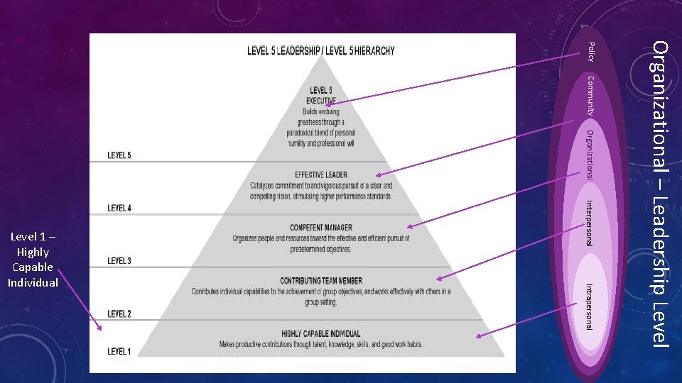 Community Organizational Interpersonal Intrapersonal Organizational – Leadership Level Policy Level 1 – Highly Capable