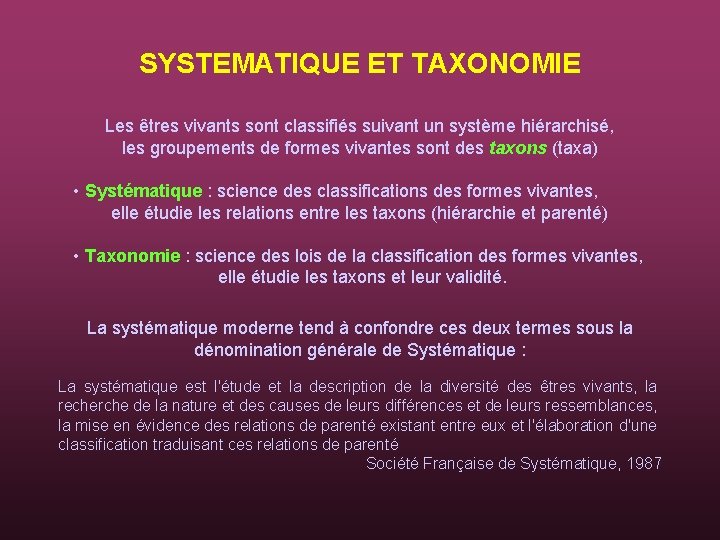 SYSTEMATIQUE ET TAXONOMIE Les êtres vivants sont classifiés suivant un système hiérarchisé, les groupements