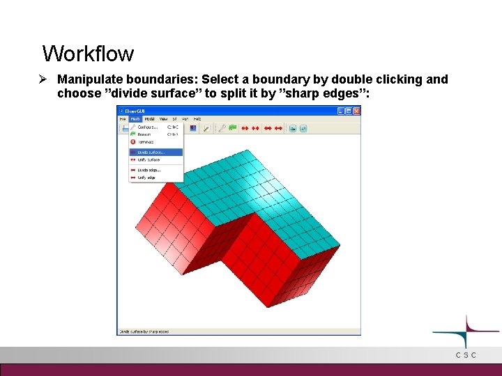 Workflow Manipulate boundaries: Select a boundary by double clicking and choose ”divide surface” to