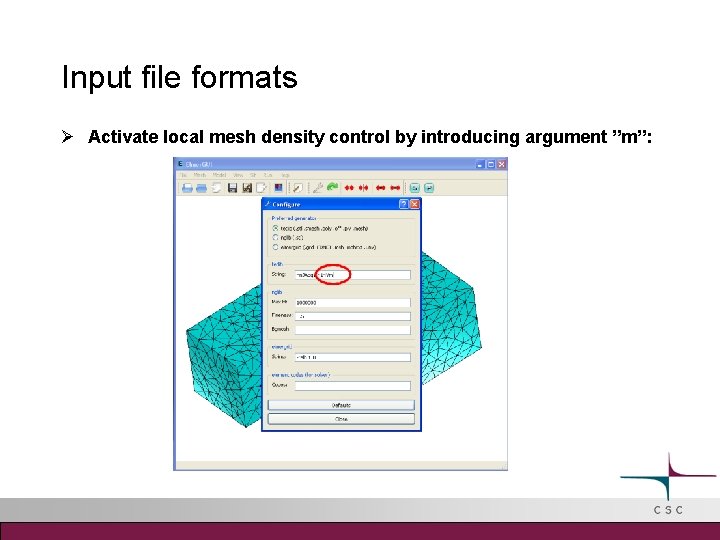 Input file formats Activate local mesh density control by introducing argument ”m”: 