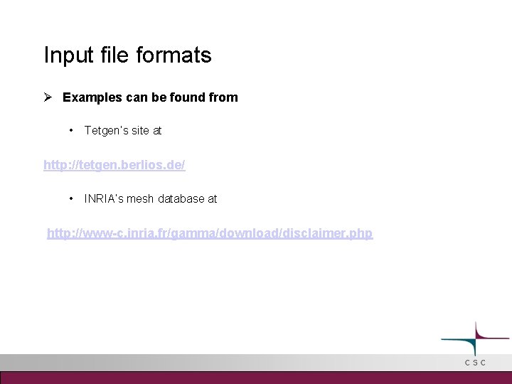 Input file formats Examples can be found from • Tetgen’s site at http: //tetgen.