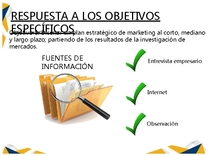 RESPUESTA A LOS OBJETIVOS ESPECÍFICOS Objetivo 5: Diseñar un plan estratégico de marketing al