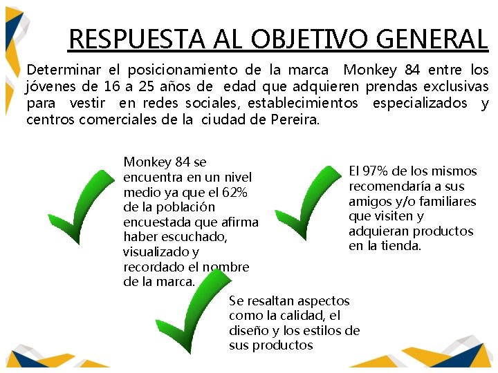RESPUESTA AL OBJETIVO GENERAL Determinar el posicionamiento de la marca Monkey 84 entre los
