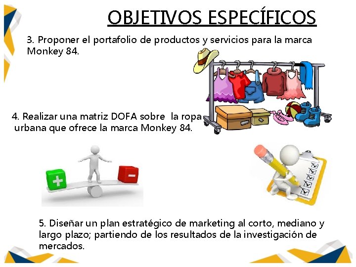 OBJETIVOS ESPECÍFICOS 3. Proponer el portafolio de productos y servicios para la marca Monkey