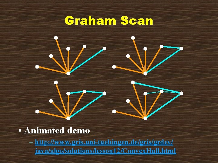 Graham Scan • Animated demo – http: //www. gris. uni-tuebingen. de/gris/grdev/ java/algo/solutions/lesson 12/Convex. Hull.