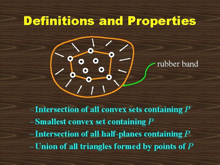 Definitions and Properties rubber band – Intersection of all convex sets containing P –