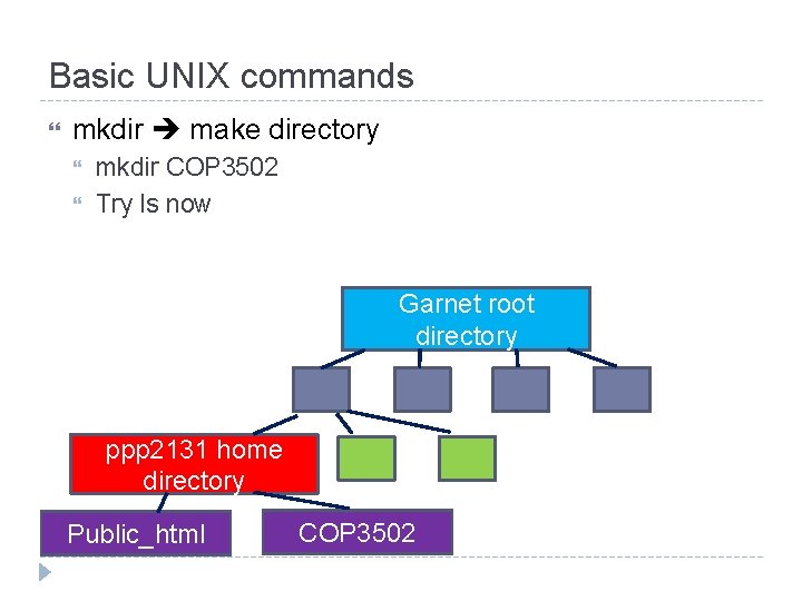 Basic UNIX commands mkdir make directory mkdir COP 3502 Try ls now Garnet root