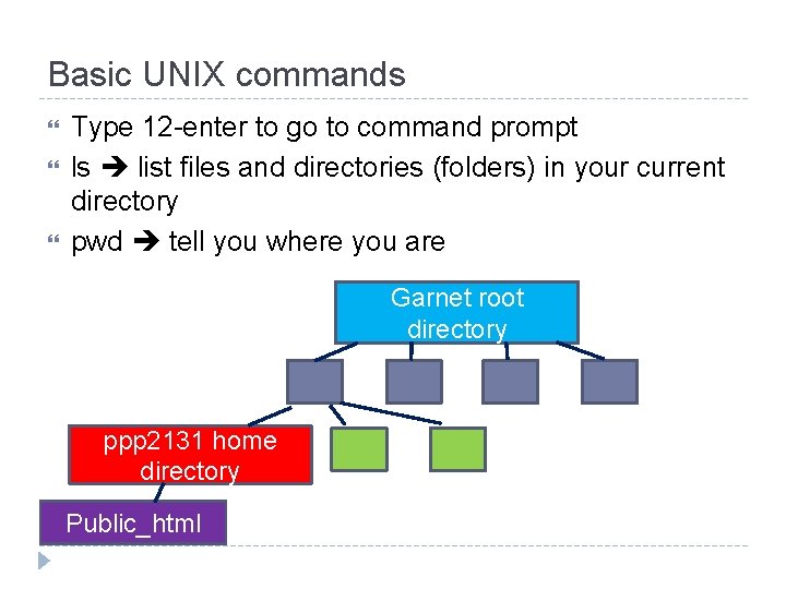 Basic UNIX commands Type 12 -enter to go to command prompt ls list files