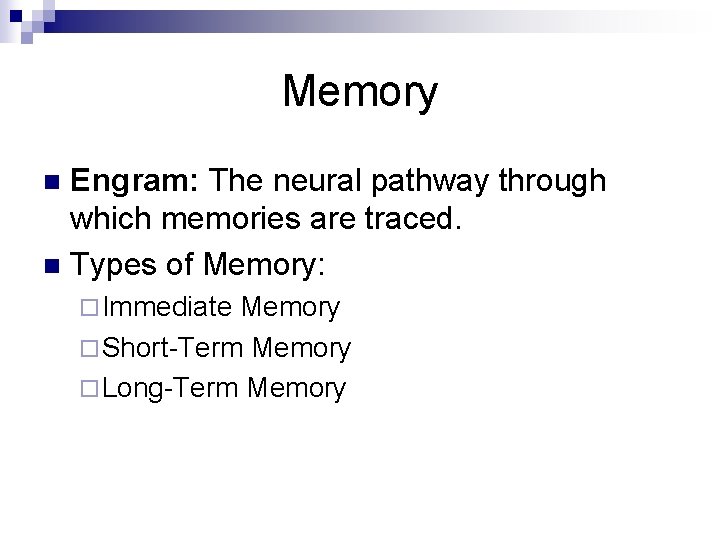 Memory Engram: The neural pathway through which memories are traced. n Types of Memory: