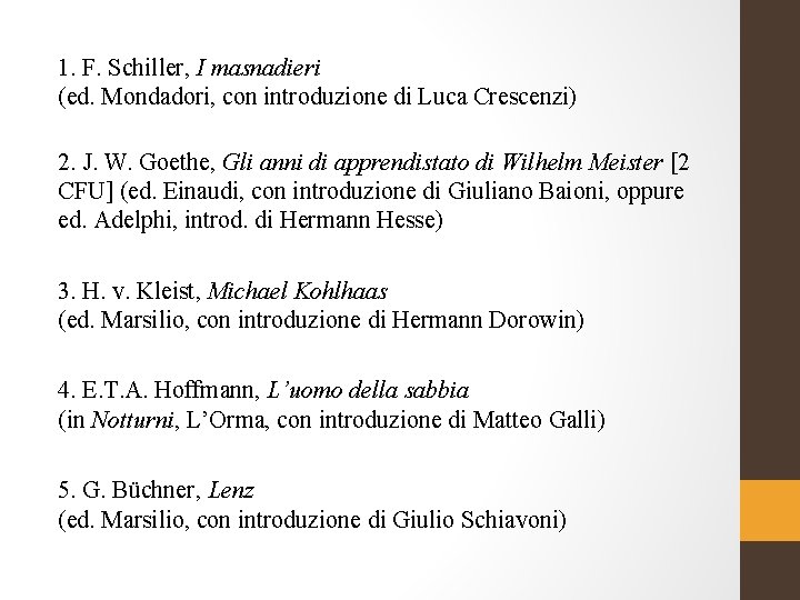 1. F. Schiller, I masnadieri (ed. Mondadori, con introduzione di Luca Crescenzi) 2. J.