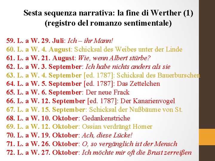Sesta sequenza narrativa: la fine di Werther (1) (registro del romanzo sentimentale) 59. L.