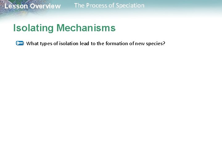 Lesson Overview The Process of Speciation Isolating Mechanisms What types of isolation lead to Lesson Overview The Process of Speciation Isolating Mechanisms What types of isolation lead to