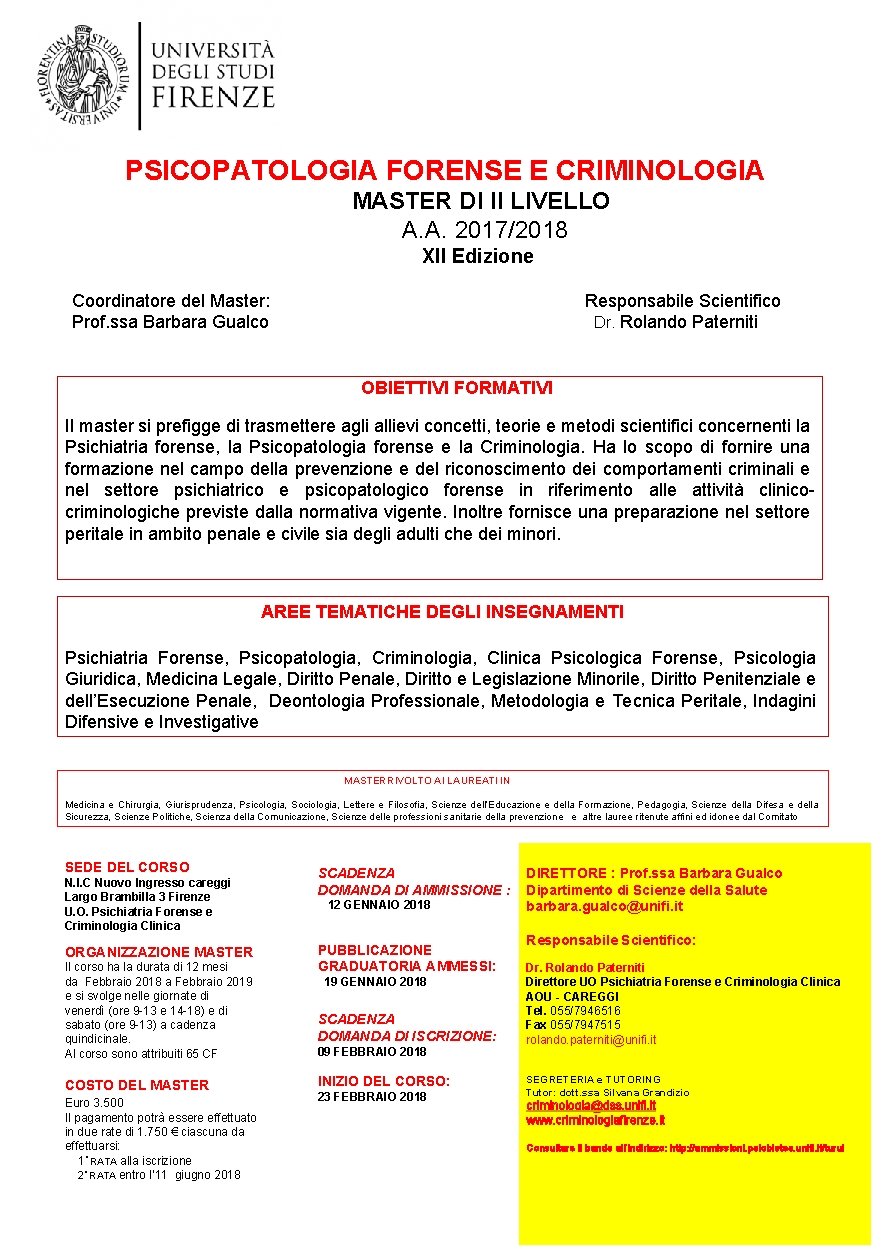 PSICOPATOLOGIA FORENSE E CRIMINOLOGIA MASTER DI II LIVELLO A. A. 2017/2018 XII Edizione Coordinatore