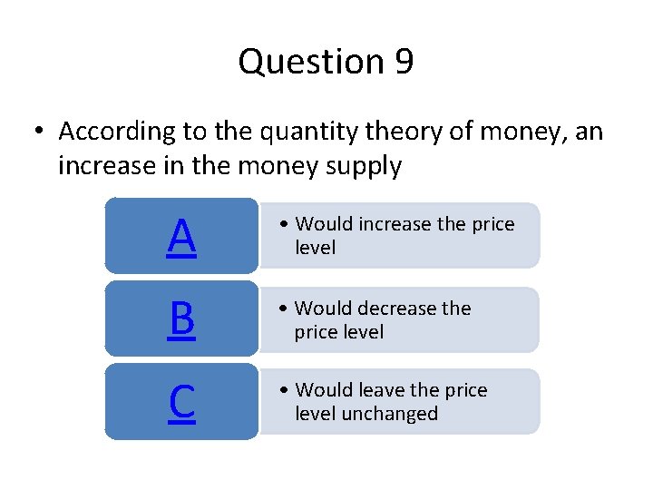Question 9 • According to the quantity theory of money, an increase in the