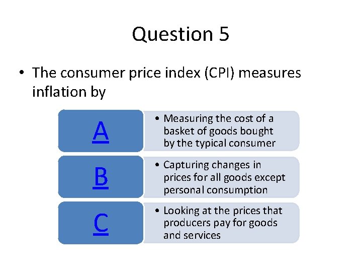 Question 5 • The consumer price index (CPI) measures inflation by A • Measuring