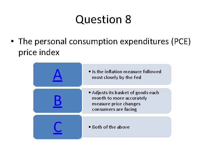 Question 8 • The personal consumption expenditures (PCE) price index A • Is the