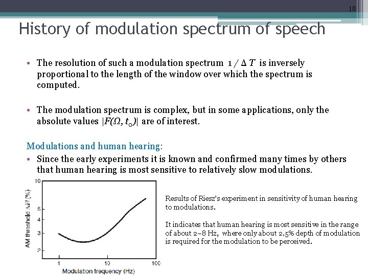 10 History of modulation spectrum of speech • The resolution of such a modulation