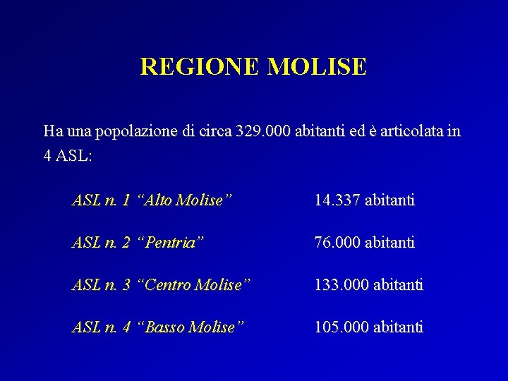 REGIONE MOLISE Ha una popolazione di circa 329. 000 abitanti ed è articolata in