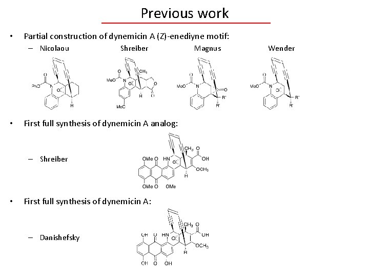 Previous work • Partial construction of dynemicin A (Z)-enediyne motif: – Nicolaou • Shreiber