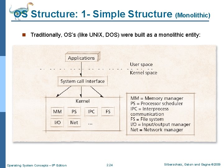 OS Structure: 1 - Simple Structure (Monolithic) n Traditionally, OS’s (like UNIX, DOS) were OS Structure: 1 - Simple Structure (Monolithic) n Traditionally, OS’s (like UNIX, DOS) were
