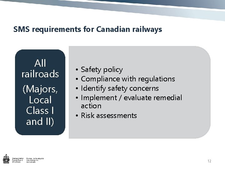 SMS requirements for Canadian railways All railroads (Majors, Local Class I and II) •