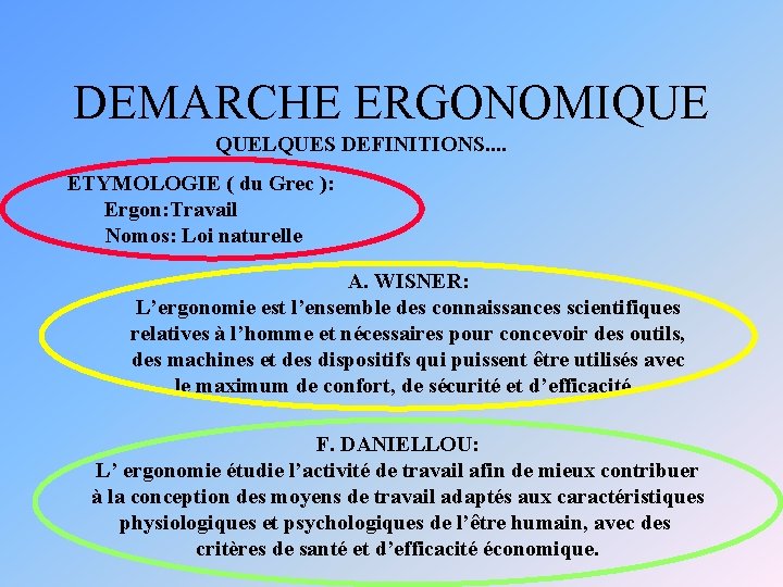 DEMARCHE ERGONOMIQUE QUELQUES DEFINITIONS. . ETYMOLOGIE ( du Grec ): Ergon: Travail Nomos: Loi DEMARCHE ERGONOMIQUE QUELQUES DEFINITIONS. . ETYMOLOGIE ( du Grec ): Ergon: Travail Nomos: Loi