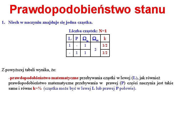 Prawdopodobieństwo stanu 1. Niech w naczyniu znajduje się jedna cząstka. Liczba cząstek: N=1 L