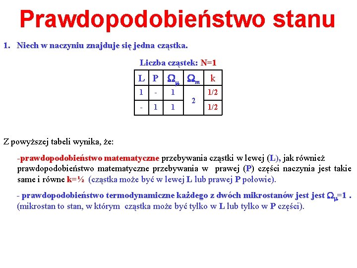 Prawdopodobieństwo stanu 1. Niech w naczyniu znajduje się jedna cząstka. Liczba cząstek: N=1 L