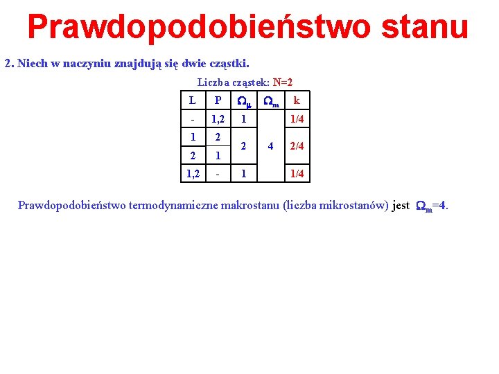 Prawdopodobieństwo stanu 2. Niech w naczyniu znajdują się dwie cząstki. Liczba cząstek: N=2 L