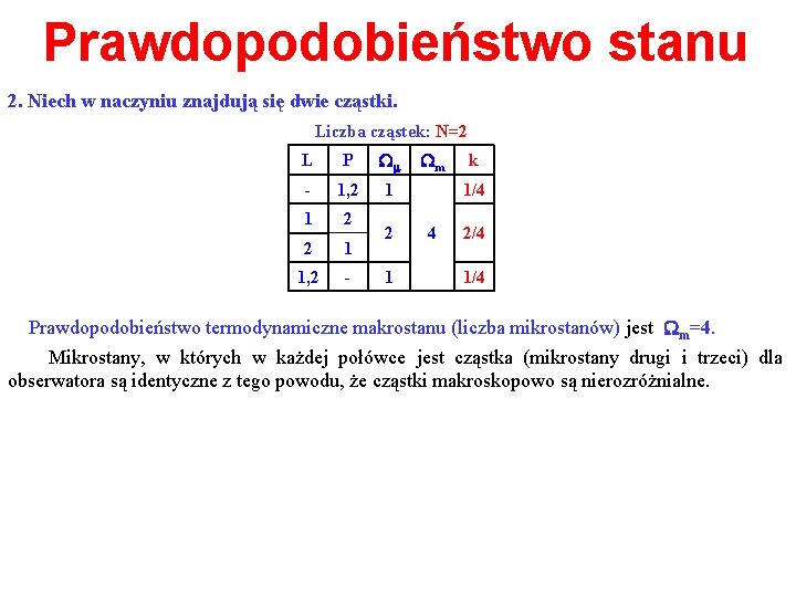 Prawdopodobieństwo stanu 2. Niech w naczyniu znajdują się dwie cząstki. Liczba cząstek: N=2 L