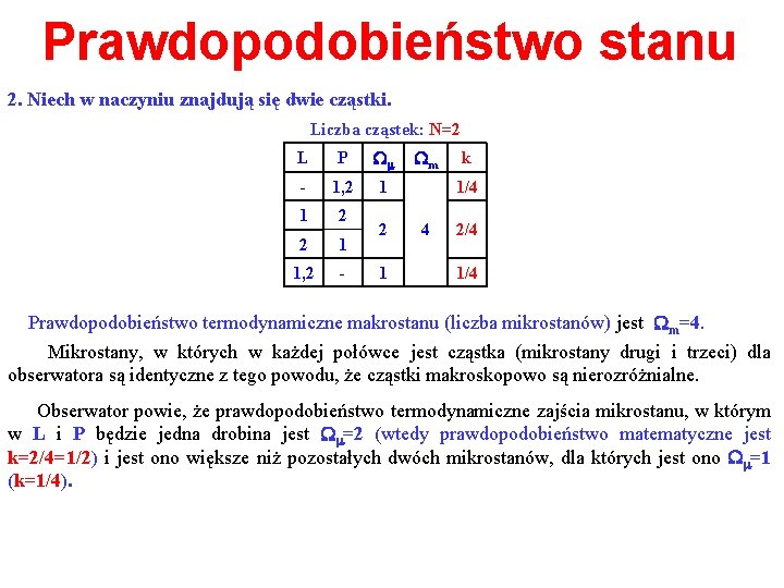 Prawdopodobieństwo stanu 2. Niech w naczyniu znajdują się dwie cząstki. Liczba cząstek: N=2 L