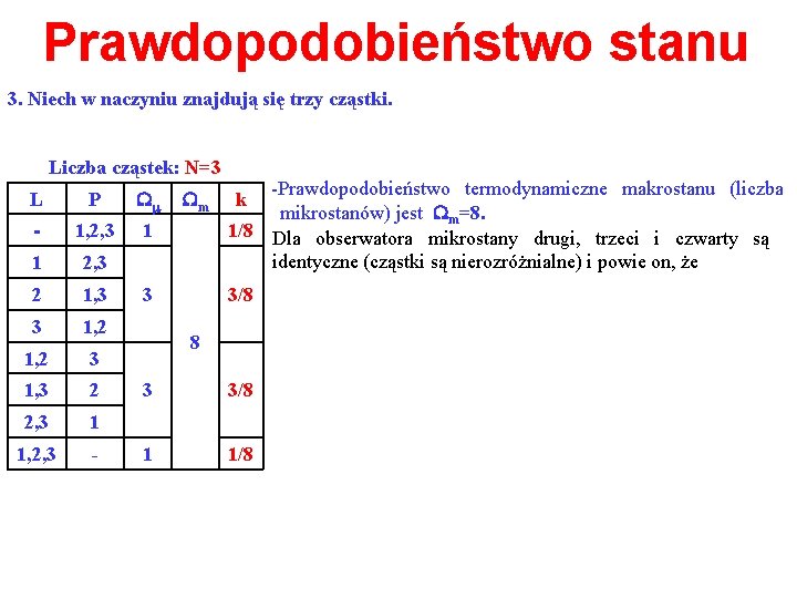 Prawdopodobieństwo stanu 3. Niech w naczyniu znajdują się trzy cząstki. Liczba cząstek: N=3 L