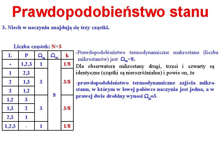 Prawdopodobieństwo stanu 3. Niech w naczyniu znajdują się trzy cząstki. Liczba cząstek: N=3 L