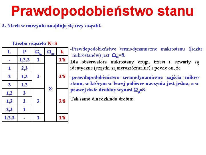 Prawdopodobieństwo stanu 3. Niech w naczyniu znajdują się trzy cząstki. Liczba cząstek: N=3 L