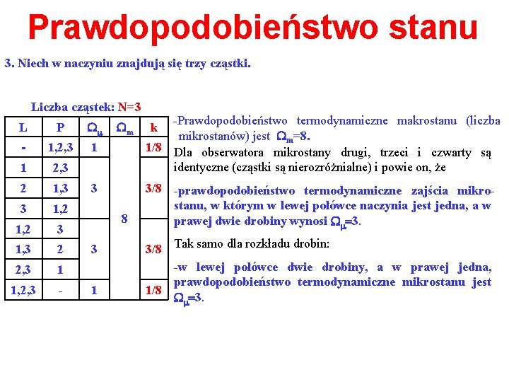 Prawdopodobieństwo stanu 3. Niech w naczyniu znajdują się trzy cząstki. Liczba cząstek: N=3 L