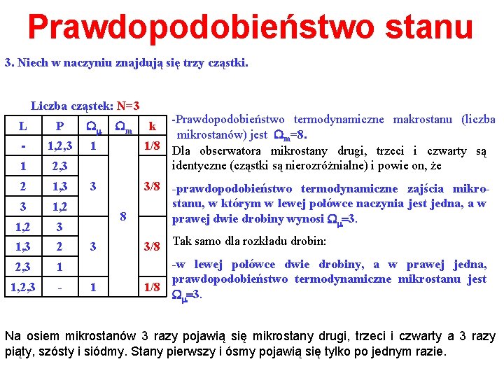 Prawdopodobieństwo stanu 3. Niech w naczyniu znajdują się trzy cząstki. Liczba cząstek: N=3 L