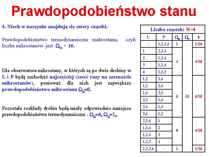Prawdopodobieństwo stanu 4. Niech w naczyniu znajdują się cztery cząstki. Prawdopodobieństwo termodynamiczne makrostanu, liczba