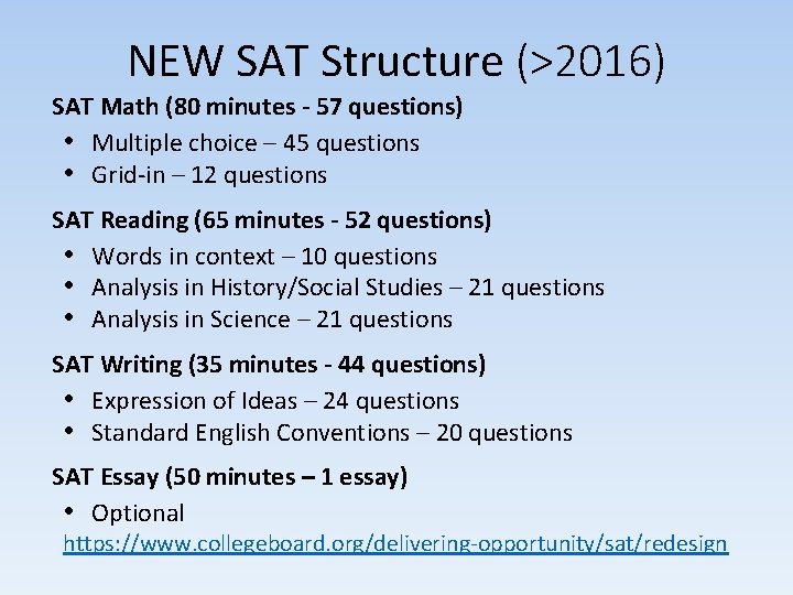 NEW SAT Structure (>2016) SAT Math (80 minutes - 57 questions) • Multiple choice NEW SAT Structure (>2016) SAT Math (80 minutes - 57 questions) • Multiple choice