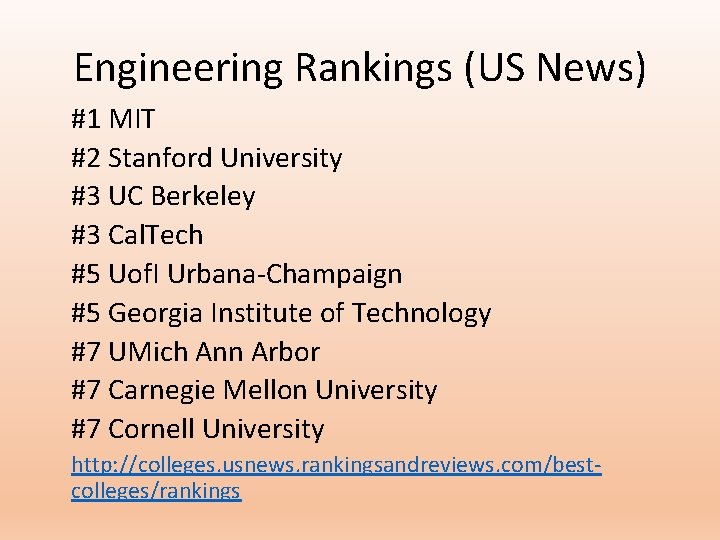 Engineering Rankings (US News) #1 MIT #2 Stanford University #3 UC Berkeley #3 Cal. Engineering Rankings (US News) #1 MIT #2 Stanford University #3 UC Berkeley #3 Cal.