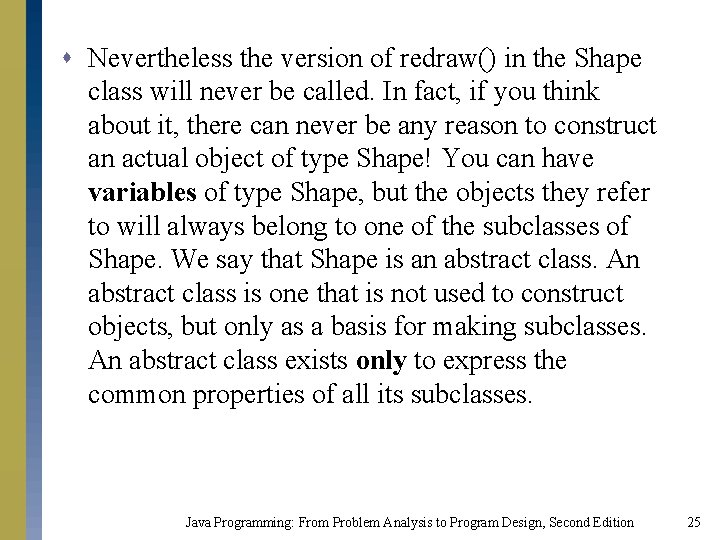 s Nevertheless the version of redraw() in the Shape class will never be called.