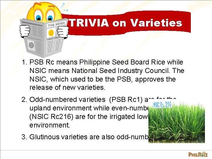 TRIVIA on Varieties 1. PSB Rc means Philippine Seed Board Rice while NSIC means